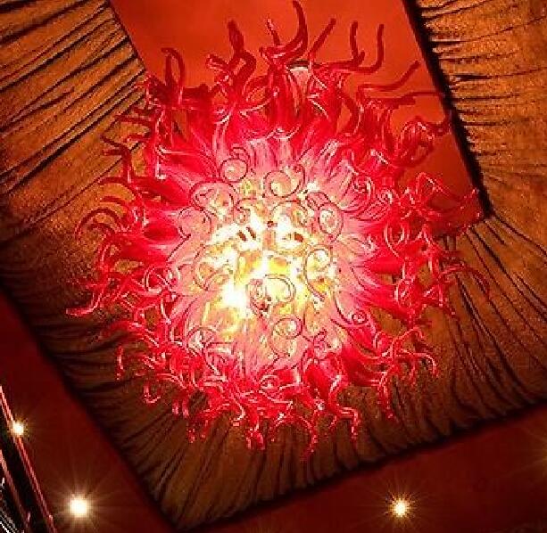 Tiffany-style red stained glass pendant lamp with energy-efficient lighting and handcrafted round chandelier design