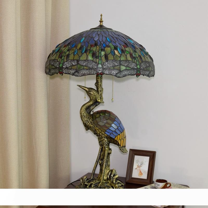 Tiffany-style sea blue and yellow stained glass dragonfly table lamp with crystal beads for home, bar, or cafe decor