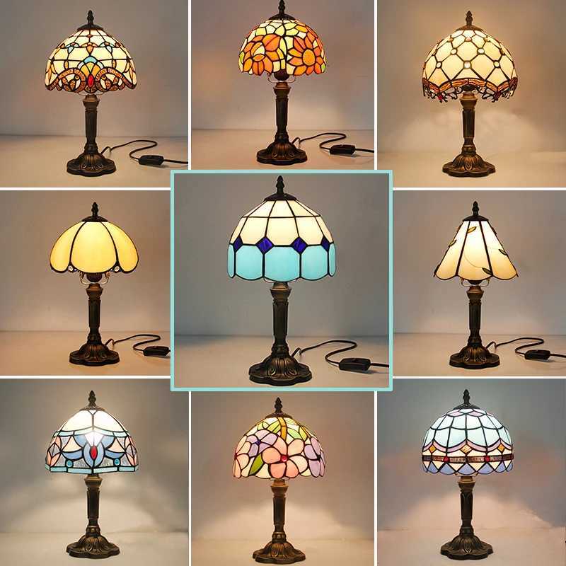 Tiffany-style stained glass table lamp with a retro Mediterranean design, featuring a plug-in baroque bedroom light (W250528)
