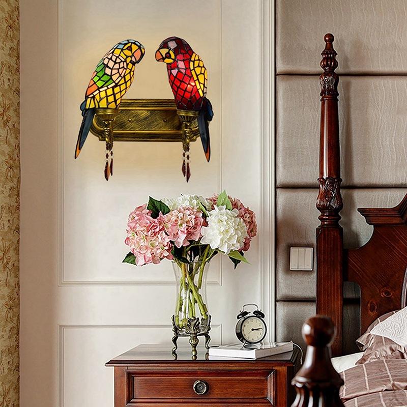 Tiffany-style vintage European hallway double-headed crystal wall lamp with parrot design for bedroom, restaurant, or bar decor