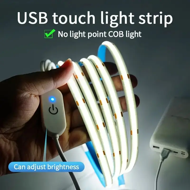 Touch-sensitive dimmable LED COB strip light with USB power for indoor linear illumination, high-density room DIY projects, TV backlighting, mirror accents, and wall decor