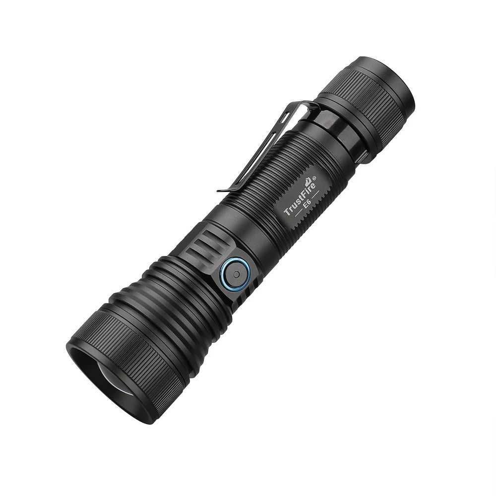 Trustfire E6 Zoomable LED Flashlight with 1500 Lumens brightness, 550-meter beam distance, charging capability, power bank function, and magnetic base