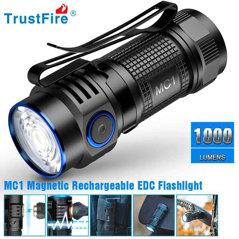 Trustfire MC1 USB rechargeable flashlight with 1000 lumens, magnetic base, and fast 2A charging for reliable EDC use