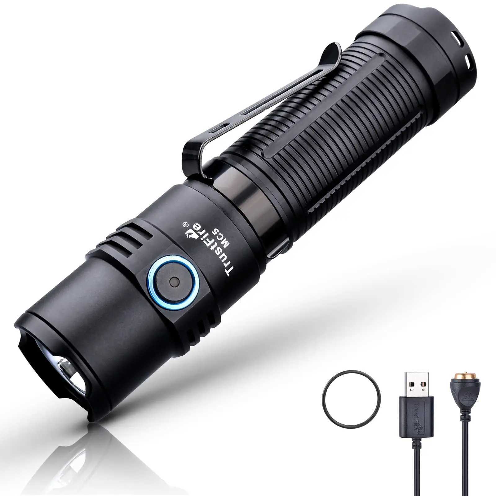 Trustfire MC5 LED flashlight with 3300 lumens, rechargeable 21700 battery, magnetic USB charging, and power indicator