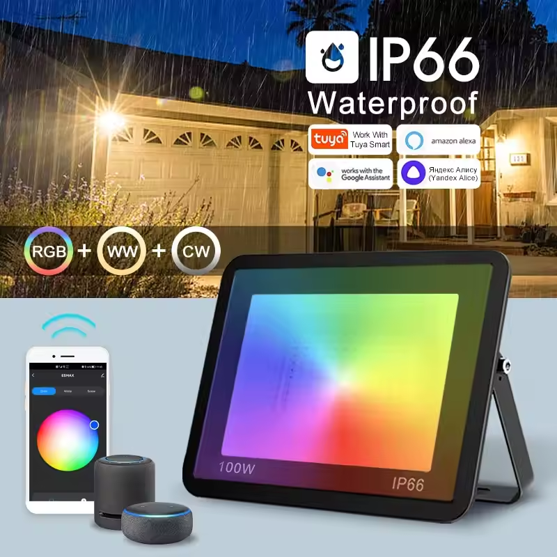 Tuya Smart Flood Light with Adjustable Brightness - RGB Dimming for Indoor & Outdoor Use Compatible with Amazon