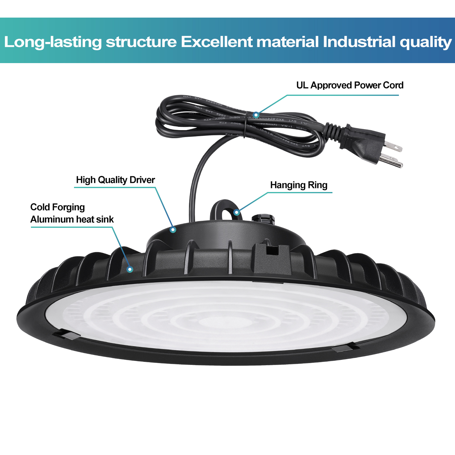 UFO LED High Bay Light with US Hook & Cable for Industrial, Gym, and Warehouse Use in 100W, 200W, and 300W Options