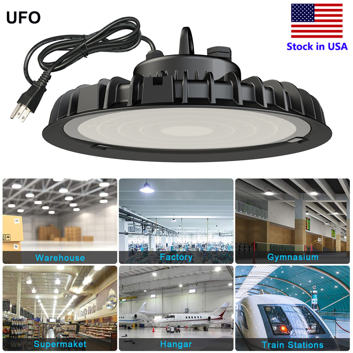 UFO LED High Bay Light with US Hook & Cable, available in 100W, 200W, and 300W for industrial use