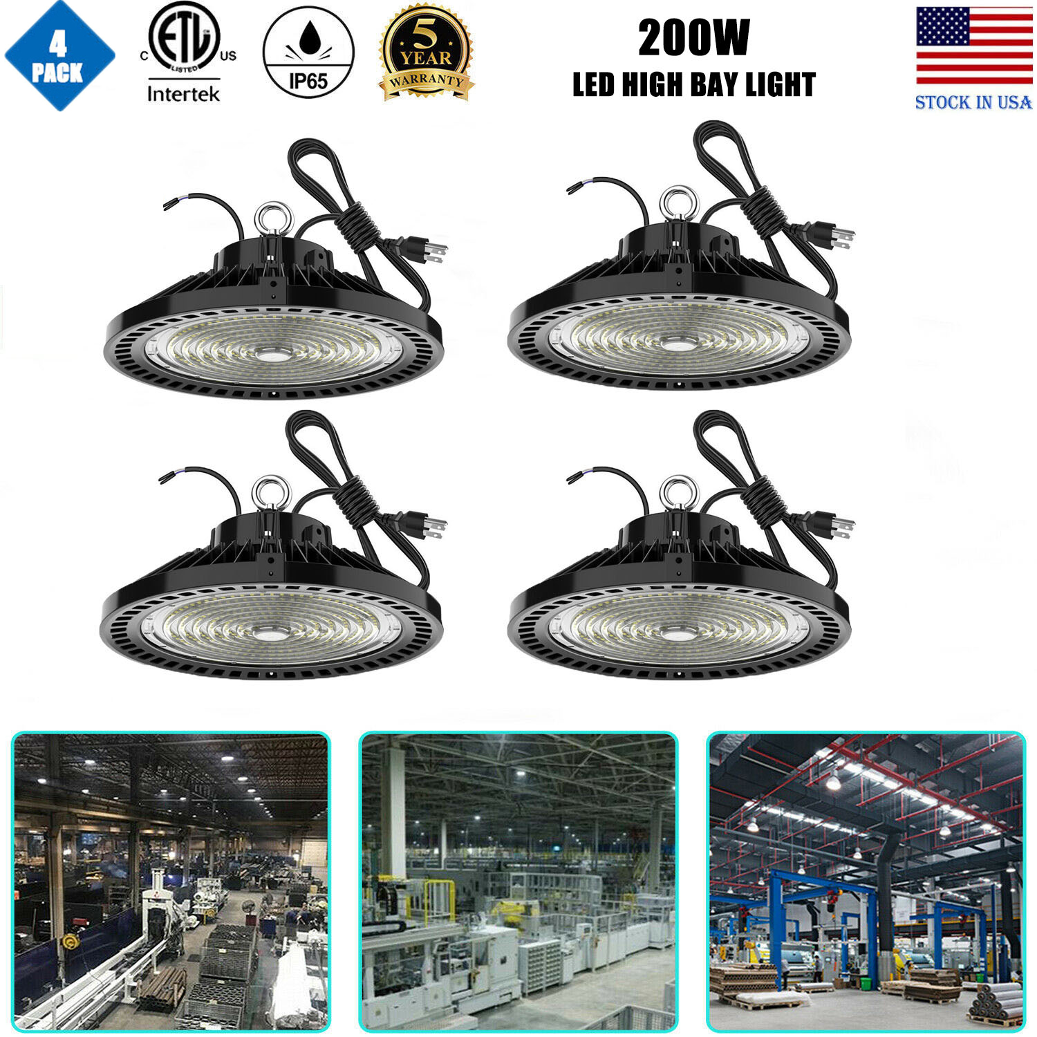UFO LED High Bay Lights in 240W, 200W, and 150W options for industrial and warehouse lighting with ETL certification and 5000K color temperature