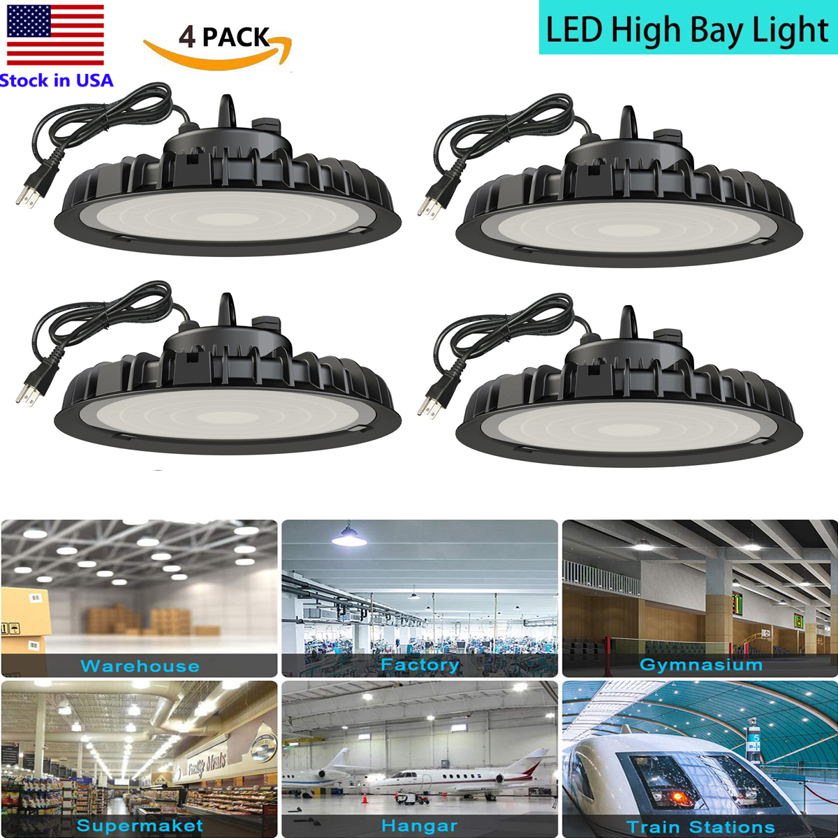UFO LED High Bay Lights with US Hook & Cable for Industrial, Shop, Commercial, Warehouse, and Workshop Use in 100W, 200W, and 300W Options