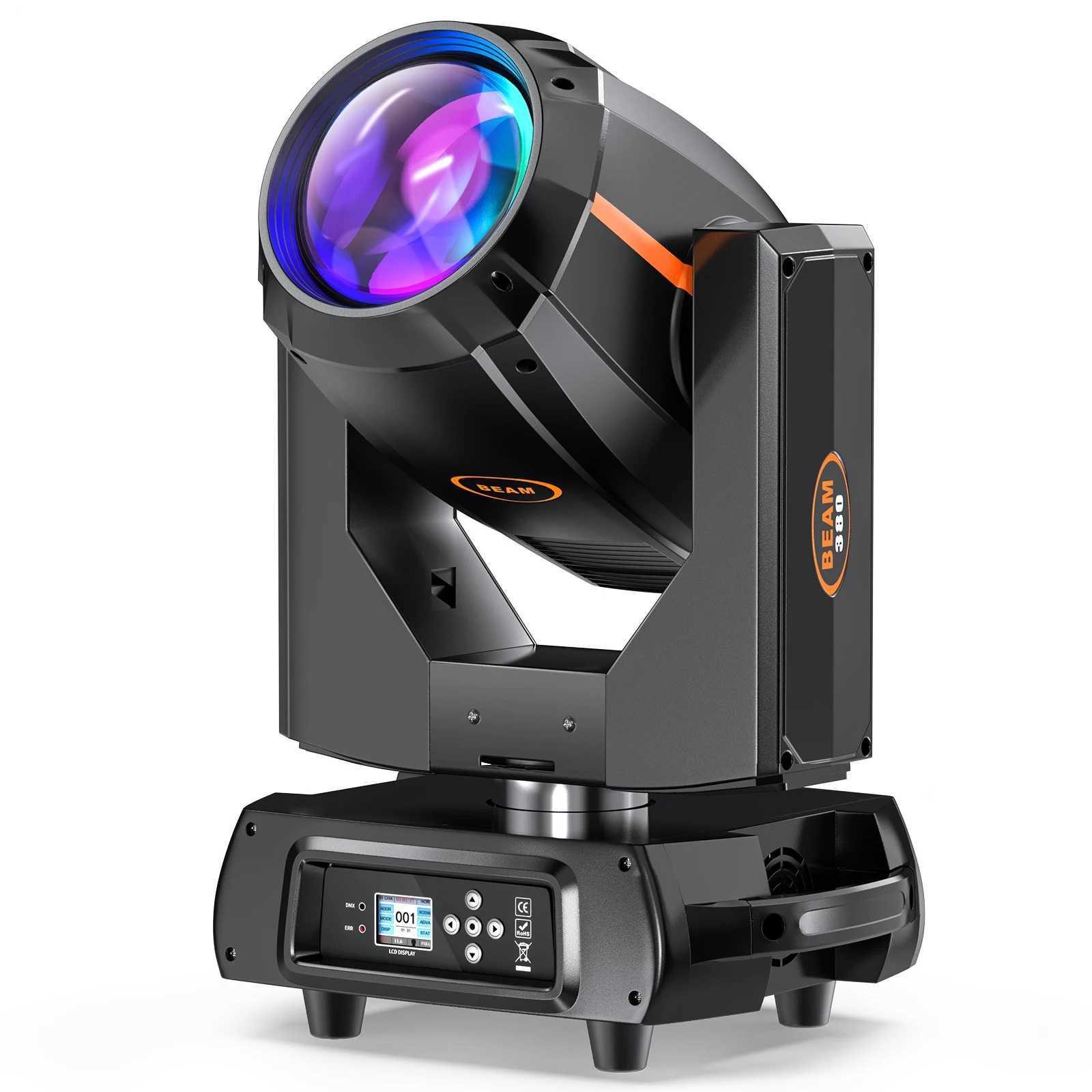 UKing 380W 20R Beam Moving Head Light with DMX512 control, RGBW colors, rotating prisms, gobos, and rainbow effects for stage and disco shows