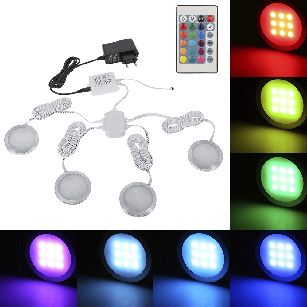 Under-cabinet RGB LED puck lights with remote, dimmable and color-changing for kitchen or closet