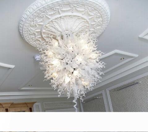Unique modern LED chandeliers with hand-blown white glass crystals for high ceilings, energy-efficient lighting