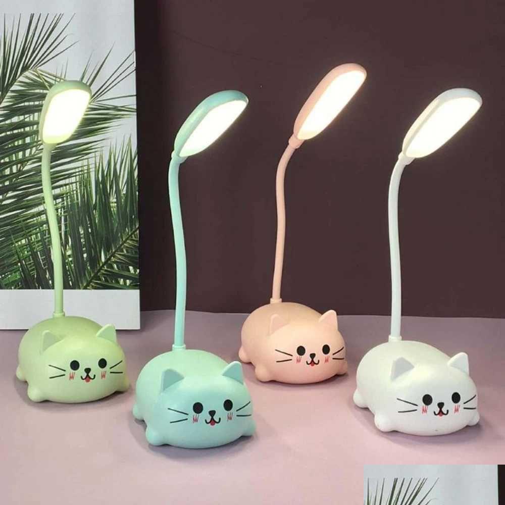 USB rechargeable LED desk lamp with flexible gooseneck, featuring cute cat design for kids' eye-care night light
