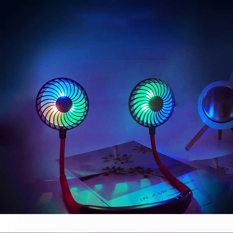 USB rechargeable neck fan with dual hanging lights and aromatherapy feature for sports and outdoor use