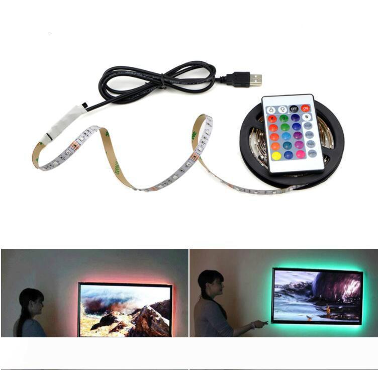 USB-powered 5V RGB LED strip with 60 3528 SMD LEDs per meter, non-waterproof, for TV backlighting, includes remote control