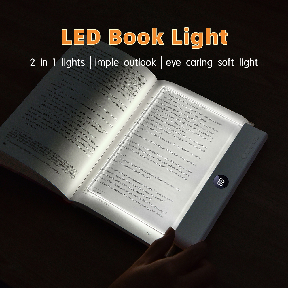 USB-rechargeable book light with 1200mAh battery, 3 brightness settings, and 3000K/6500K color temperatures for comfortable reading during study, work, or travel