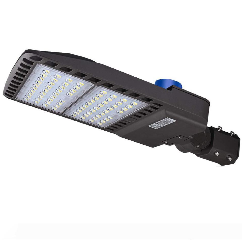 US-made LED parking lot lights in 300W, 200W, 150W, and 100W options with photocell and 5000K color temperature, featuring IP65-rated shoebox pole street light fixtures