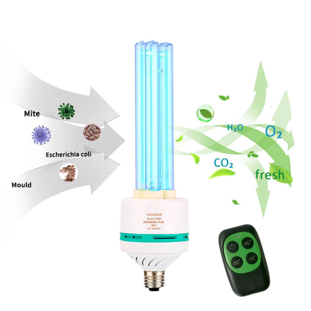 UVC germicidal lamp with ozone sanitization, smart remote control, and adjustable timer (40/60/120 min), E27 bulb fits 110V/220V