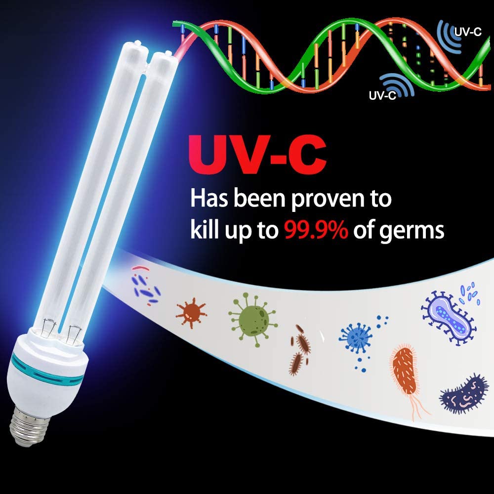 UVC light bulb with 15W/25W power, 254nm wavelength, E27 base, and ozone function for germicidal disinfection in homes, hotels, wardrobes, toilets, and pet areas
