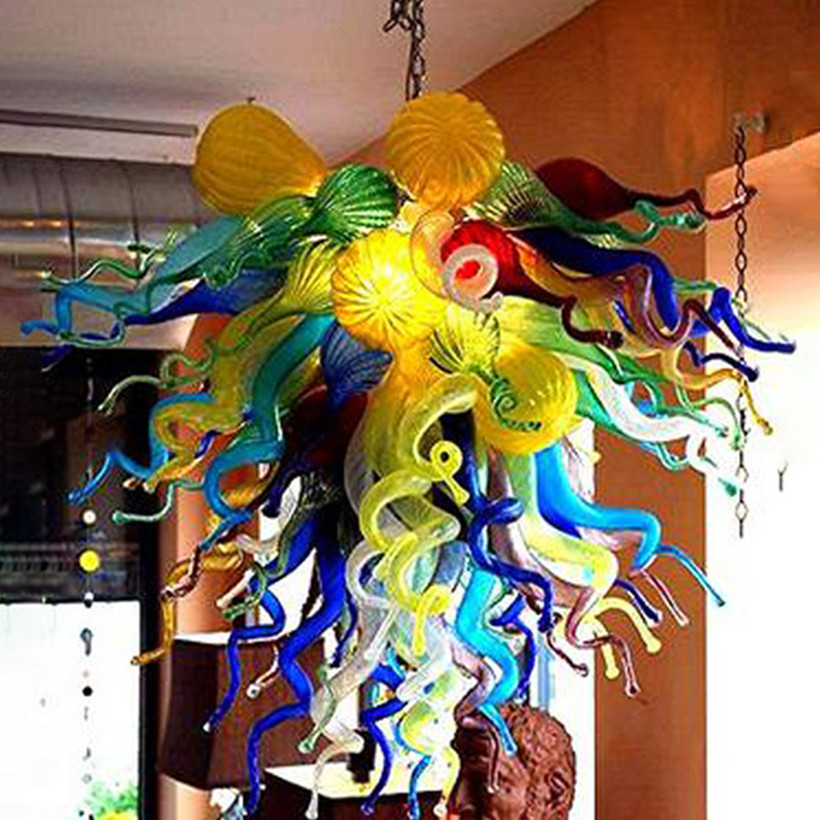 Vibrant handcrafted glass chandelier with LED lighting for dining and living spaces