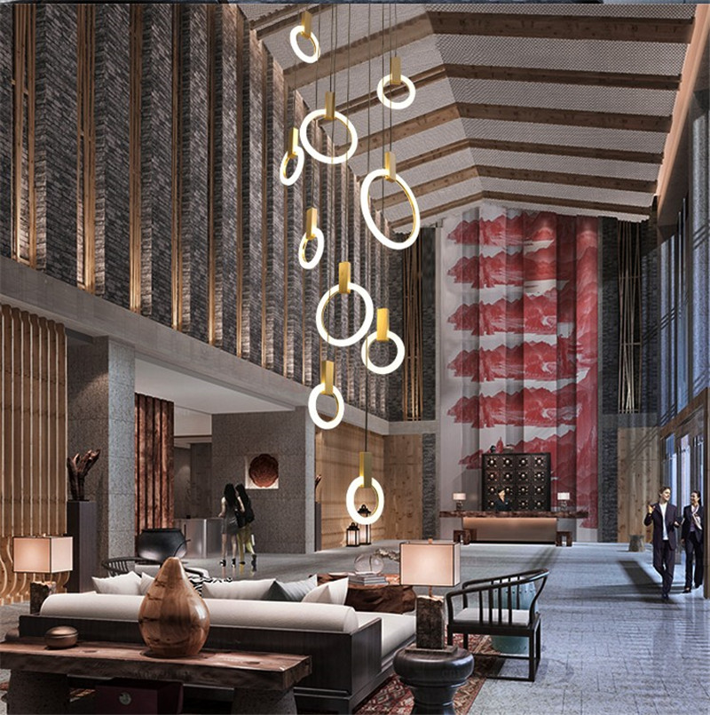 Villa Stairs LED Pendant Light with Acrylic Circles and Wooden Frame, Suspended Drop Lighting