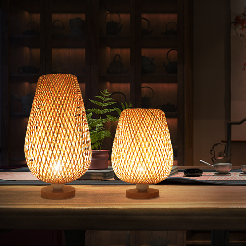 Vintage handmade bamboo table lamps for bedroom, living room, or desk with warm wooden decor lighting