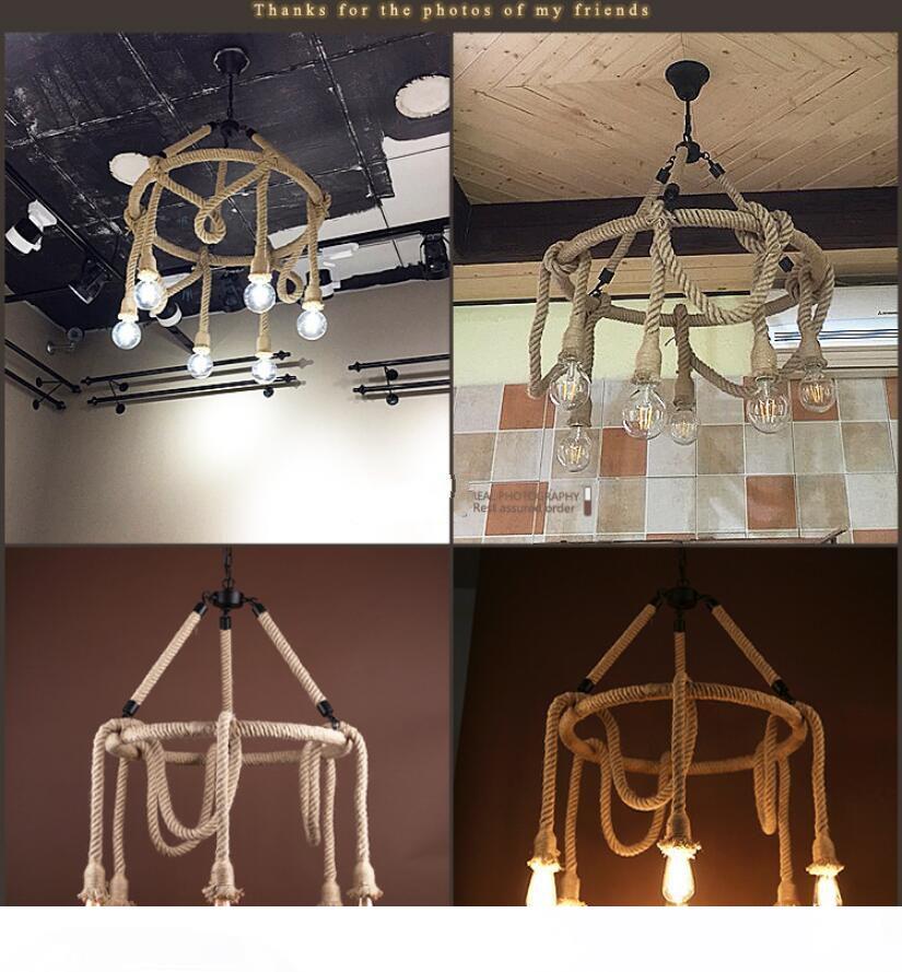 Vintage industrial hemp rope pendant lamp with 6-8 lights in American country loft style, featuring wrought iron design for restaurant spaces