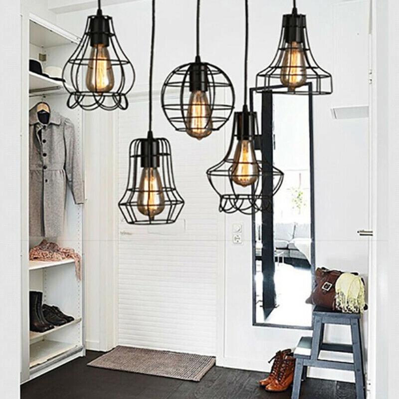 Vintage industrial iron pendant light shade with bulb cage for decor