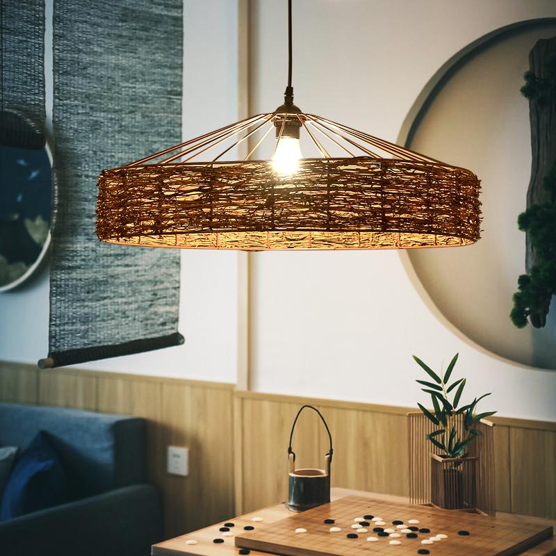 Vintage rattan ceiling shade for hanging lights with a yurt-inspired design