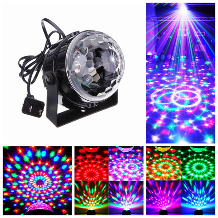 Voice-controlled RGB LED stage lighting with crystal ball and laser effects for DJ parties and disco clubs