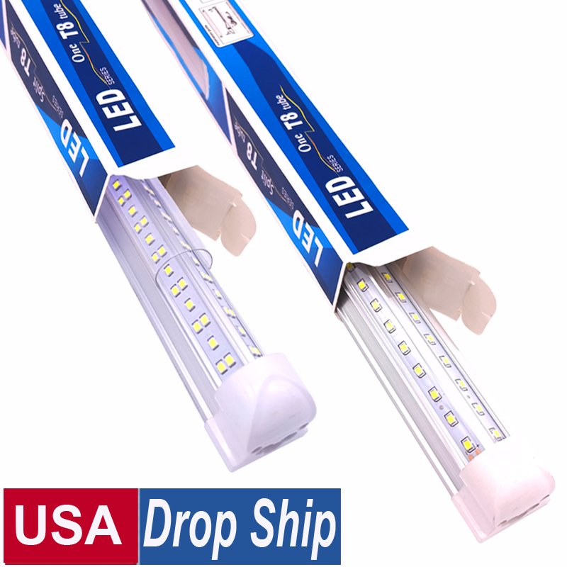 V-Shaped LED tube shop lights in 2ft to 8ft sizes with double-sided illumination, linkable design, and surface mount option, available in US stock