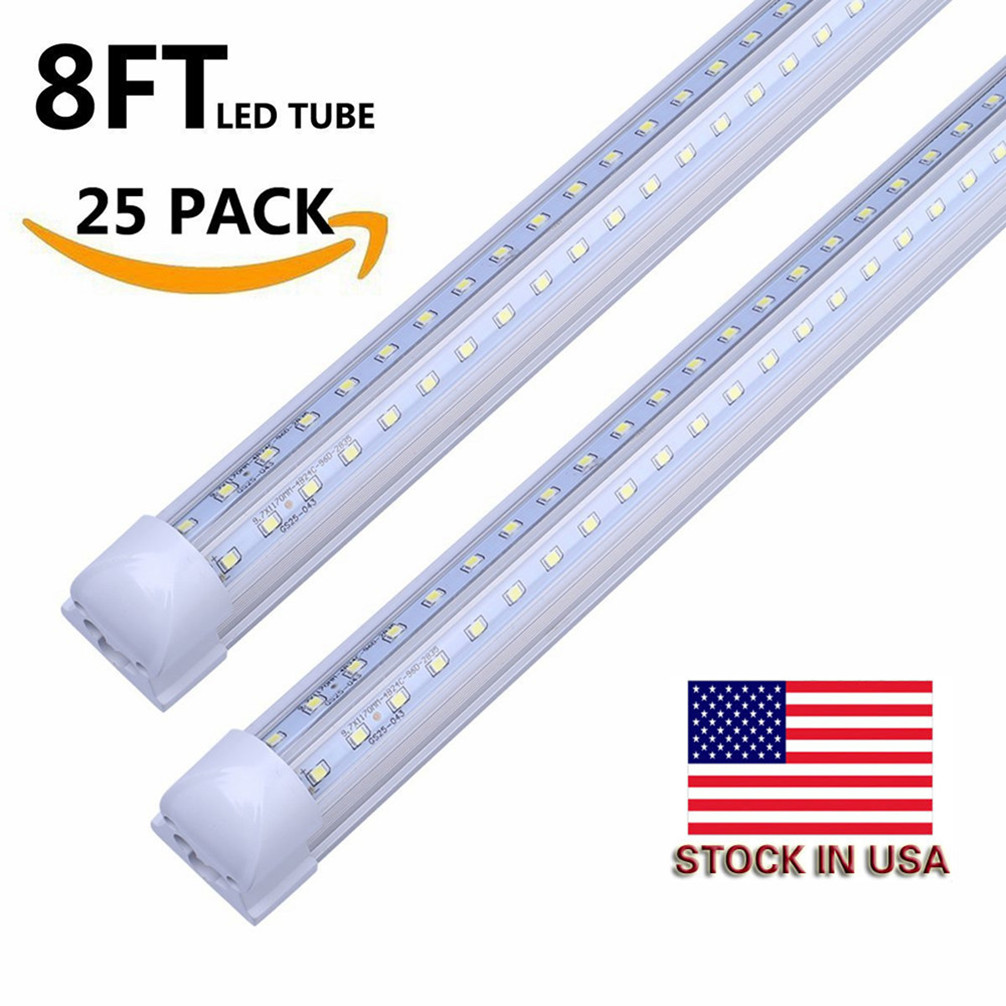V-Shaped T8 LED tube lights available in 4FT 28W, 5FT 36W, 6FT 42W, and 8FT 72W sizes with integrated cooler door and double glow fluorescent lighting