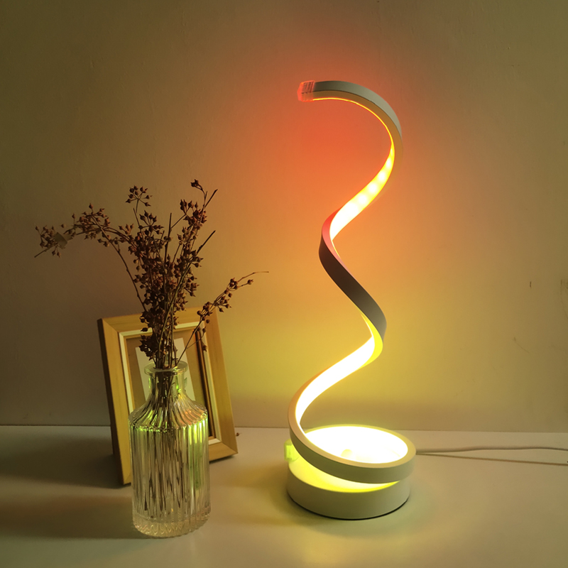 Warm white spiral LED table lamp with remote for bedside or desk use