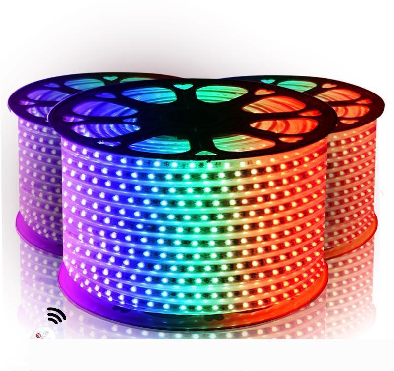 Waterproof high-voltage 5050 SMD RGB LED strips with IR remote and power supply for 110V/220V