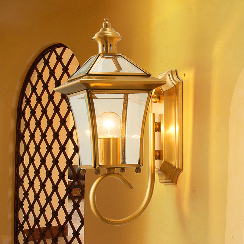 Waterproof outdoor balcony wall lamp with European retro copper sconce and LED bronze lighting