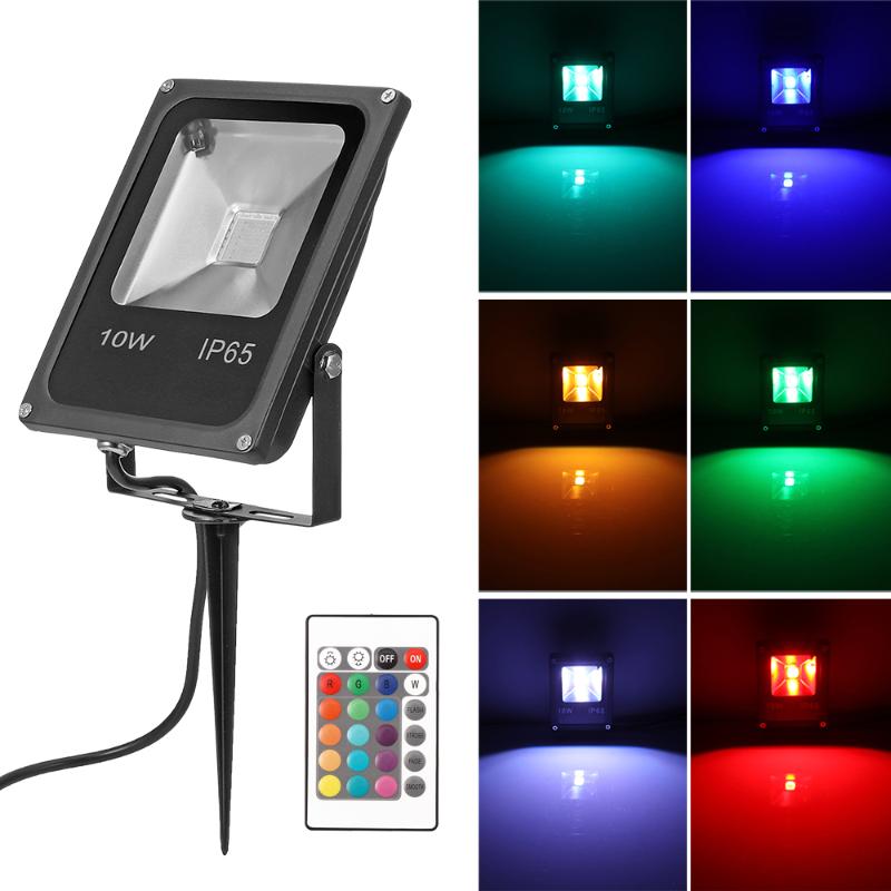 Waterproof outdoor RGB floodlight with remote control for gardens, available in 10W and 20W, operating on 85-245V AC