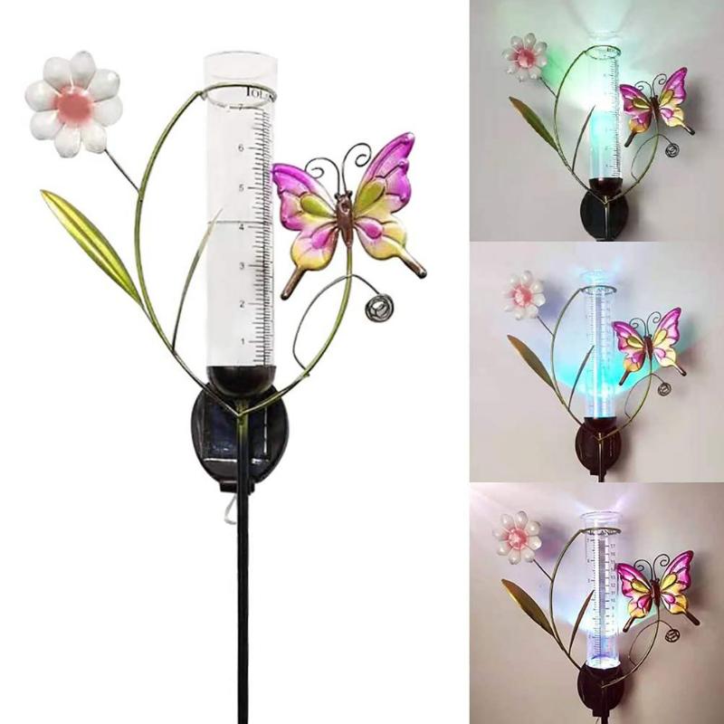 Waterproof solar-powered butterfly iron lawn lamp with rain gauge for outdoor garden and yard decoration