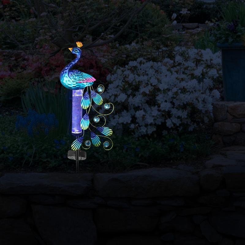 Waterproof solar-powered lawn stake lights with rain gauge and light sensor for garden decoration