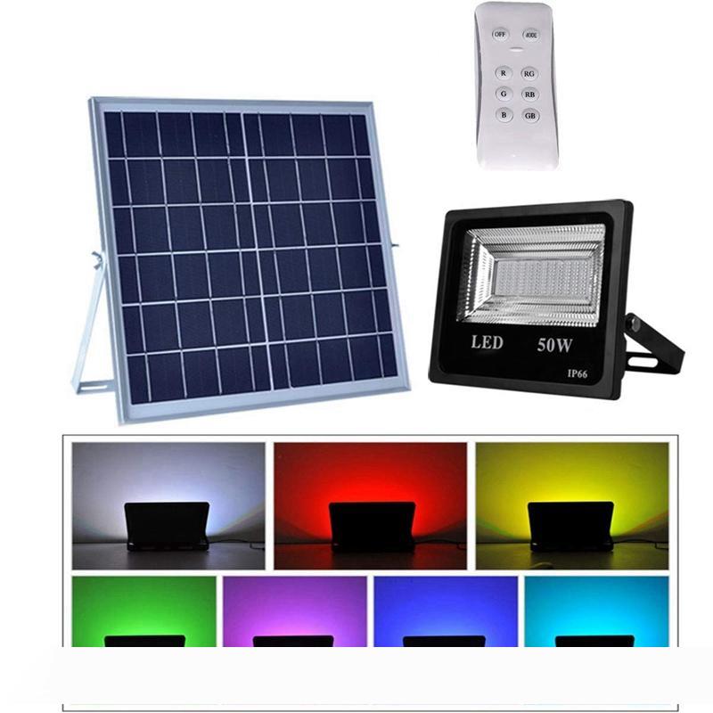 Waterproof solar-powered LED floodlights with remote control for outdoor color-changing landscape lighting in gardens, patios, and yards