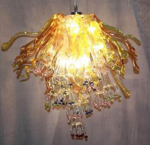 Wedding pendant lights with colorful LED bulbs in handcrafted Murano glass flower designs