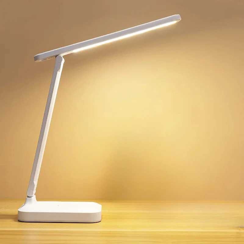 White folding LED desk lamp with touch control, USB power, adjustable brightness for bedroom study reading and eye care