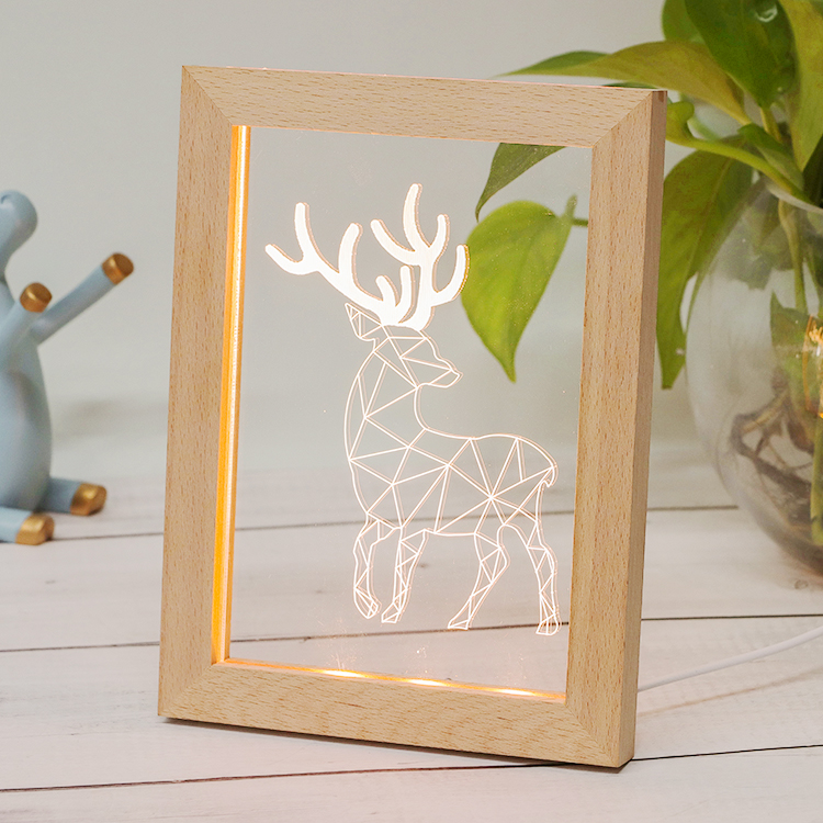 Wholesale LED illuminated carved acrylic and raw wood photo frames