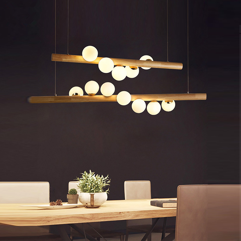 Wood White Glass Ball LED Hanging Lamp with G4 Bulb for Dining Room, Coffee Shop, or Bar - Nordic Style Chandelier Home Lighting