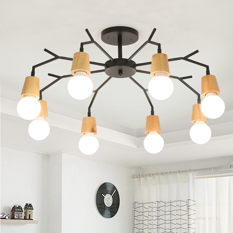 Wooden ceiling lamp for kids' bedrooms, black iron modern American-style surface-mounted lighting for living rooms and indoor spaces