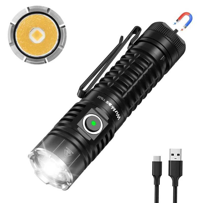 Wurkkos TS22 21700 rechargeable flashlight with XHP70D HI LED, 4500 lumens max, IP68 waterproof, magnetic tail and reverse charging, ideal for hiking