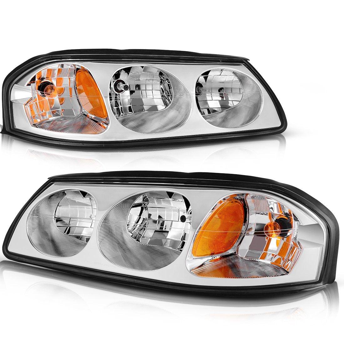 YITAMOTOR 2000-2005 Chevy Impala Headlight Assembly with OE Style Headlamps in Chrome Housing and Amber Reflector