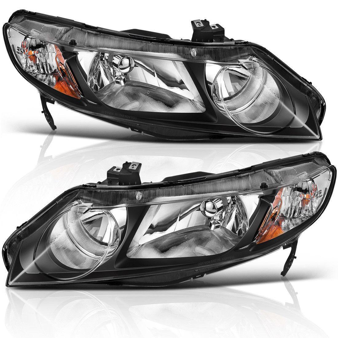 YITAMOTOR 2006-2011 Honda Civic Sedan 4-Door Headlights featuring Amber Parking Lenses and Black Housing with Amber Reflectors