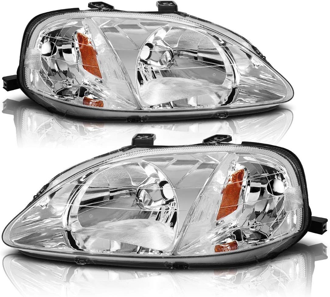YITAMOTOR庐 Headlight Assembly Compatible with 1999 2000 Honda Civic Chrome Housing Headlamp 33151-S01-A02 33101-S01-A02
