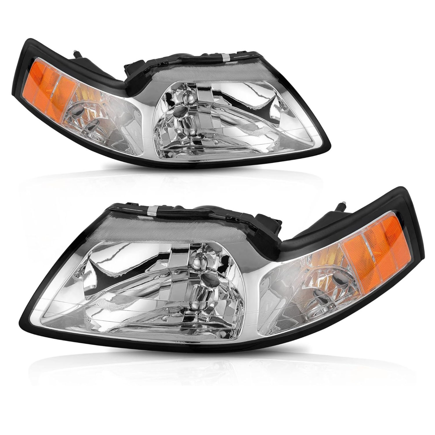 YITAMOTOR Headlight Assembly for 1999-2004 Ford Mustang, Amber Reflector Chrome Housing Headlamp - Both Sides