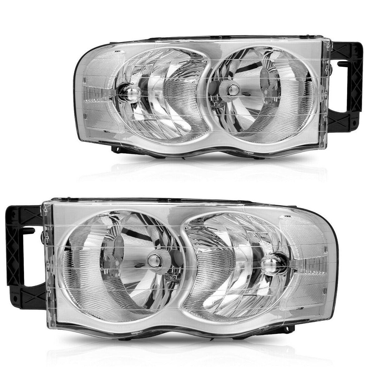 YITAMOTOR Headlight Assembly for 2002-2005 Dodge Ram Pickup featuring Chrome Housing and Clear Reflector Lens